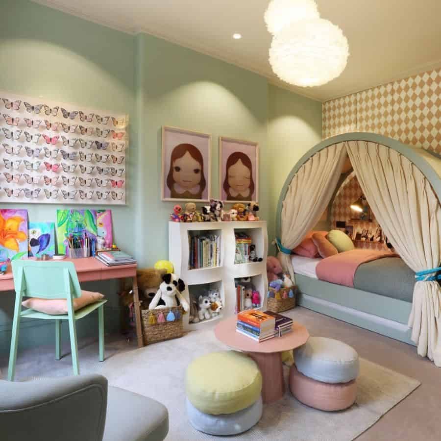 Creative girls' bedroom with a unique canopy bed, pastel decor, art station, cozy reading nook, and plush seating for playtime