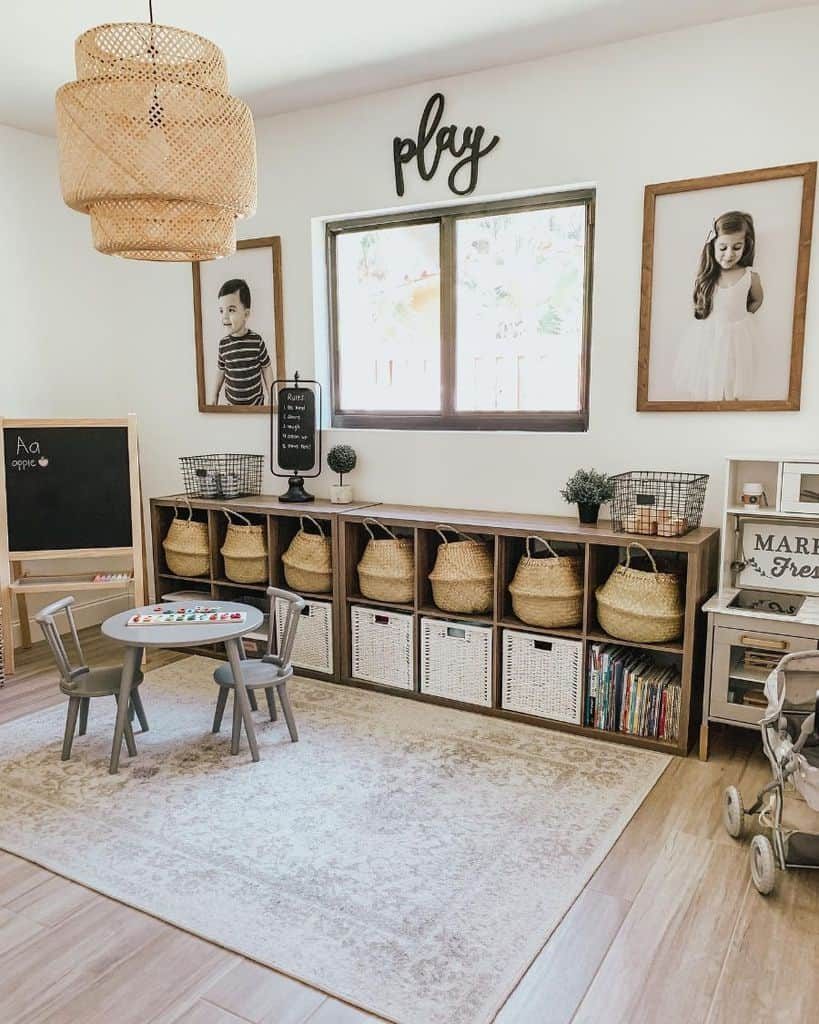 Stylish kids' playroom with a natural wood storage system, woven baskets, learning area, play table, and a cozy neutral design