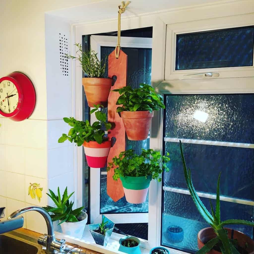 Colorful hanging herb garden with potted basil, rosemary, and parsley suspended by a wooden rack near a bright kitchen window