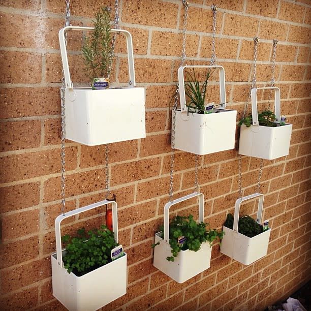 Wall-mounted herb garden with white hanging planters filled with rosemary, chives, and other fresh herbs against a brick wall