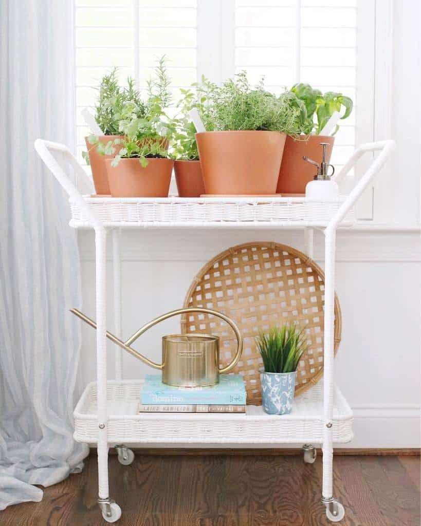 White wicker cart with terracotta potted plants, a watering can, decorative tray, and a small plant in a blue pot by a window