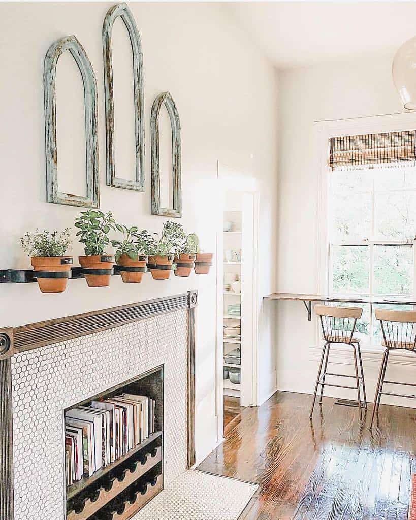 Cozy living space with a wall-mounted herb garden in terracotta pots above a decorative fireplace, adding warmth and greenery