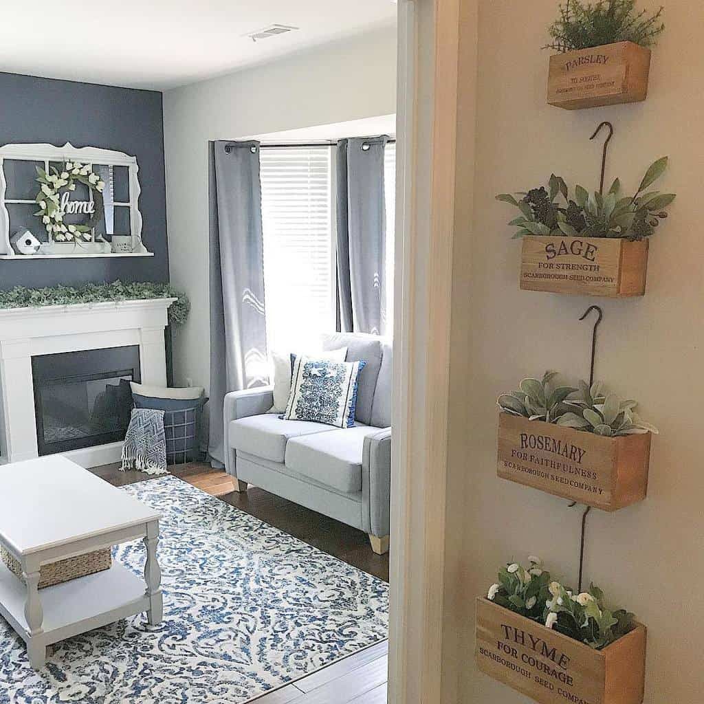 Farmhouse-style indoor herb garden with labeled wooden planters for parsley, sage, rosemary, and thyme, adding charm to a cozy living space