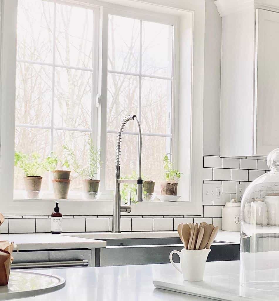 Bright kitchen with white cabinets, potted plants on the windowsill