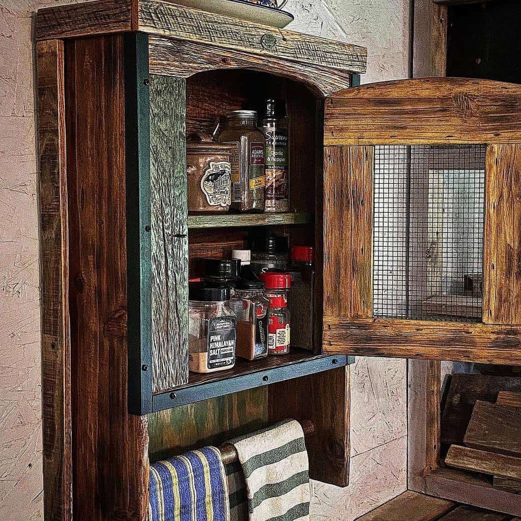 Rustic wooden spice rack with jars and bottles, featuring an open mesh door, and a striped towel hanging below