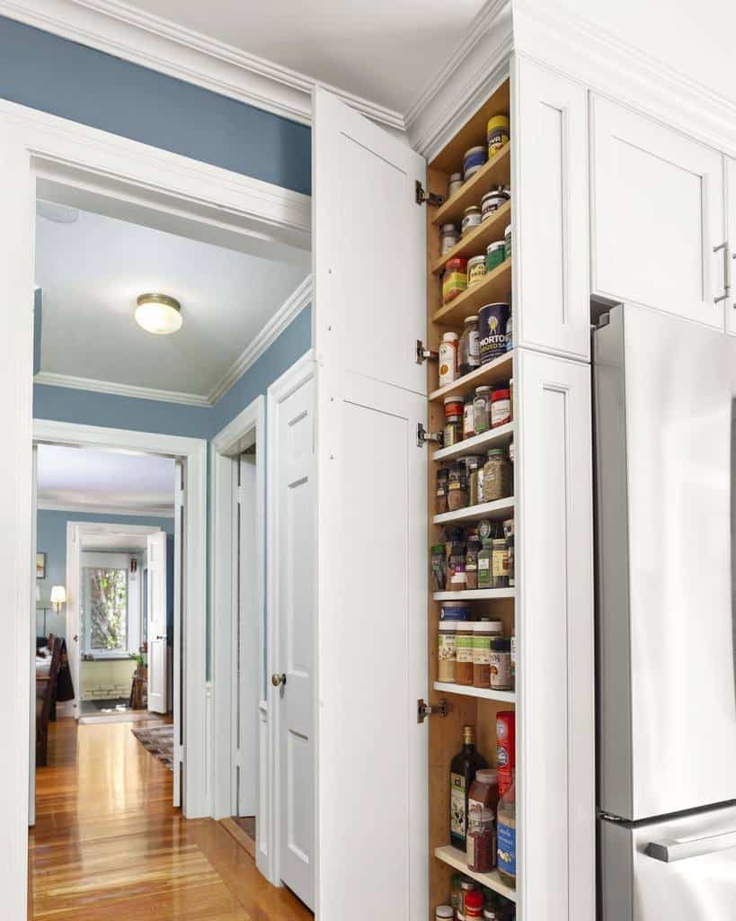 Tall, narrow pantry with open door showing shelves filled with canned goods and spices; white cabinetry; wooden floor; blue walls