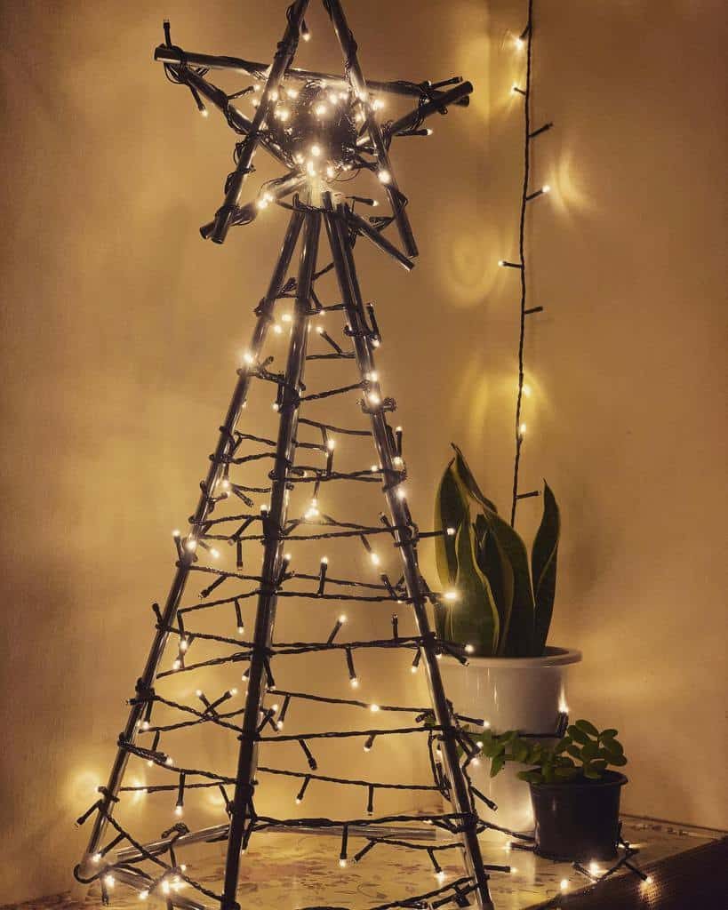 A wireframe Christmas tree with star, wrapped in warm fairy lights, stands next to potted plants on a table