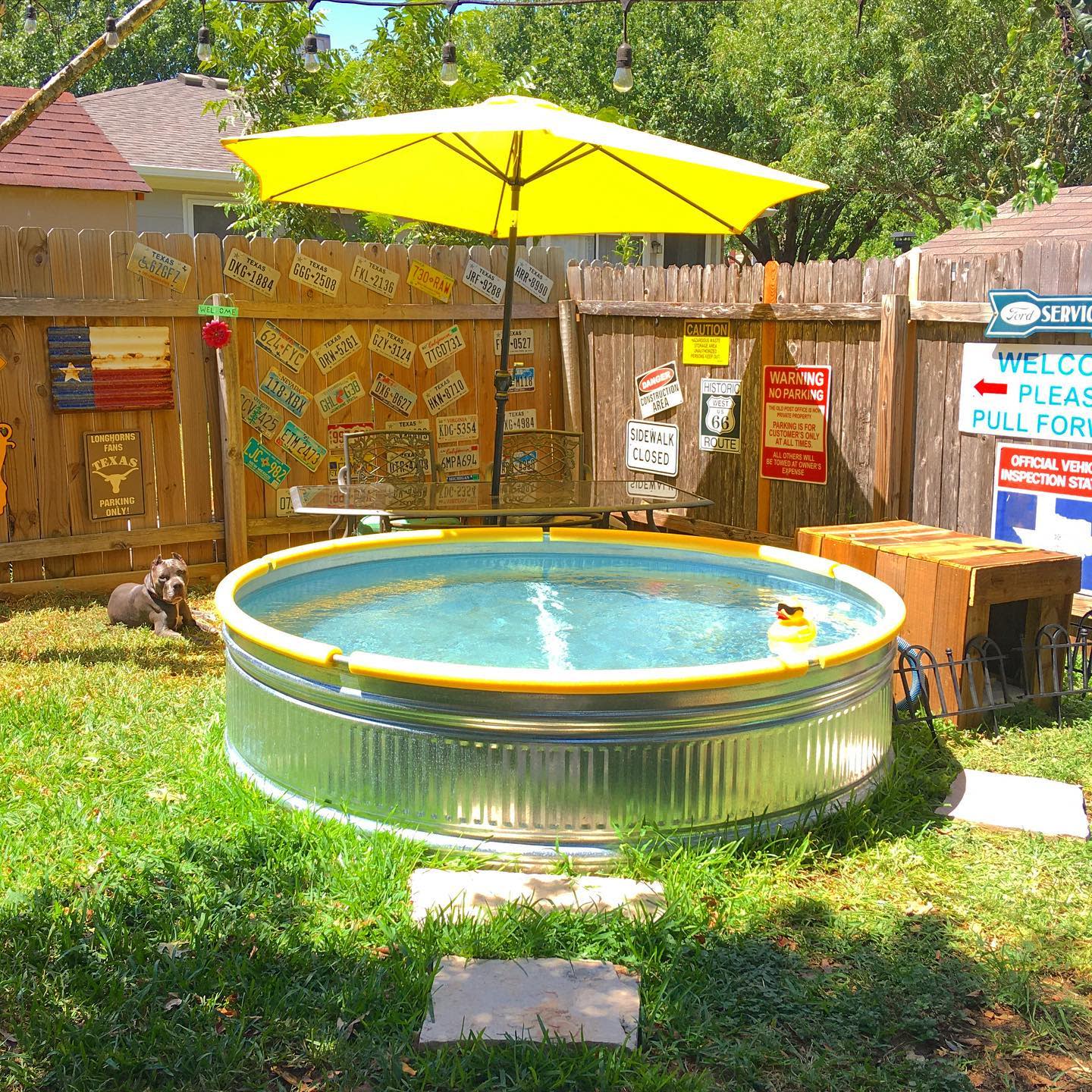 Backyard with above-ground pool, yellow umbrella, and vintage signs on wooden fence; dog resting on grass nearby