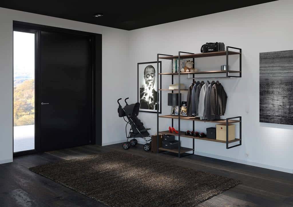 Modern entryway with open shelving for shoes, coats, and accessories, featuring a sleek black door and a minimalist design