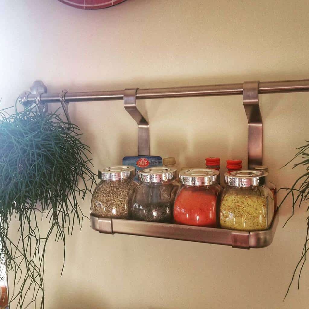 Metal shelf with glass jars of spices and a small tin, flanked by hanging green plants on both sides