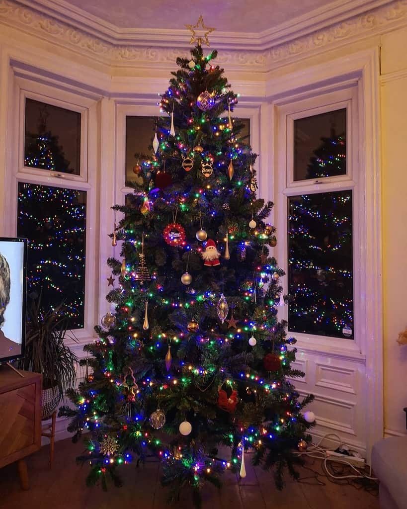 A decorated Christmas tree with colorful lights, ornaments, and a star on top stands by large windows with reflections