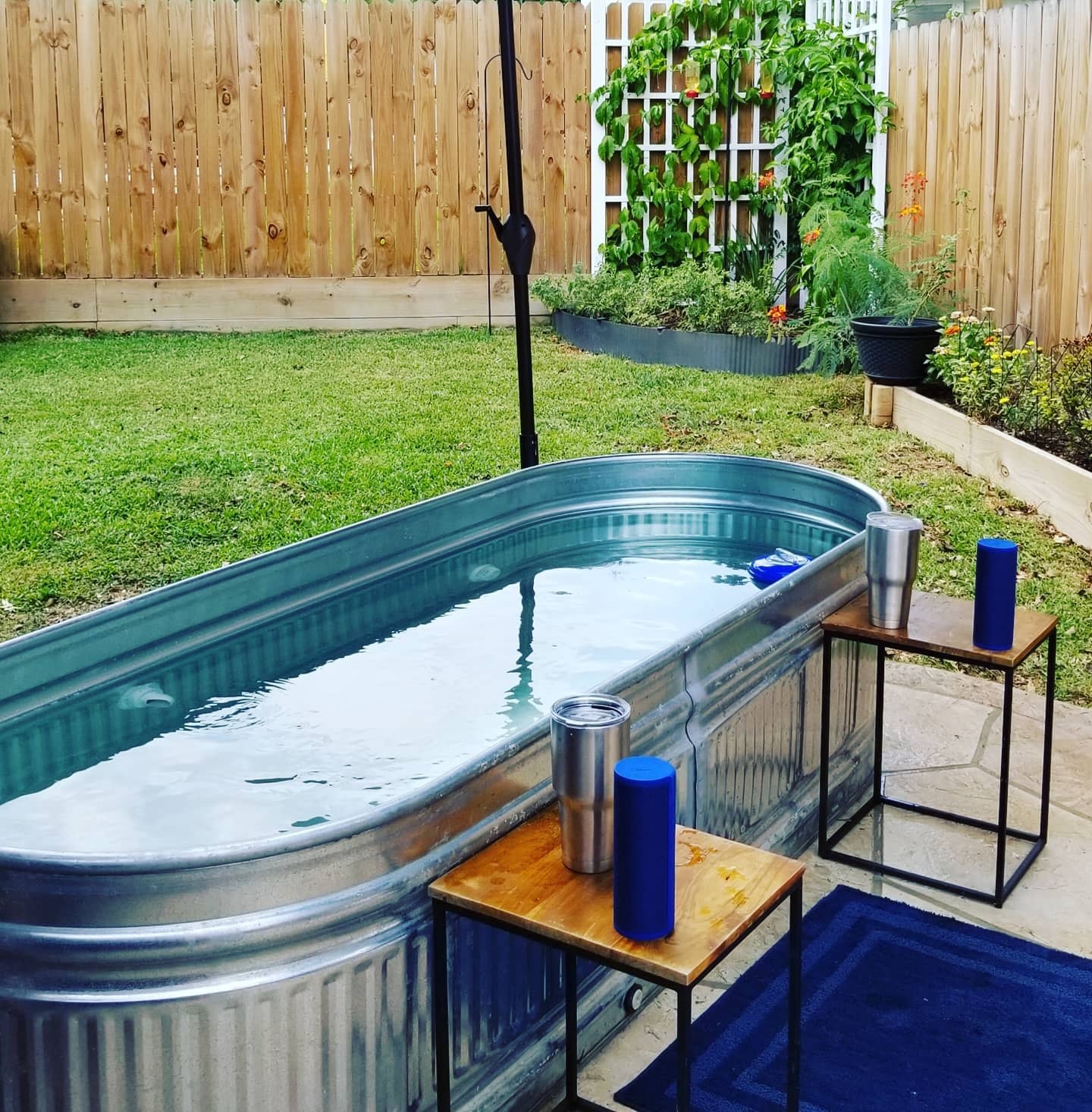 Outdoor stock tank pool with clear water, two small tables with cups, wooden fence, grassy area, and plants in the background