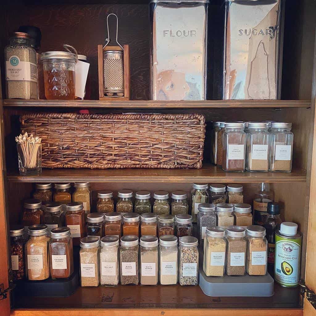 A neatly organized pantry shelf with labeled jars of spices, containers of flour and sugar, a basket, and a small grater