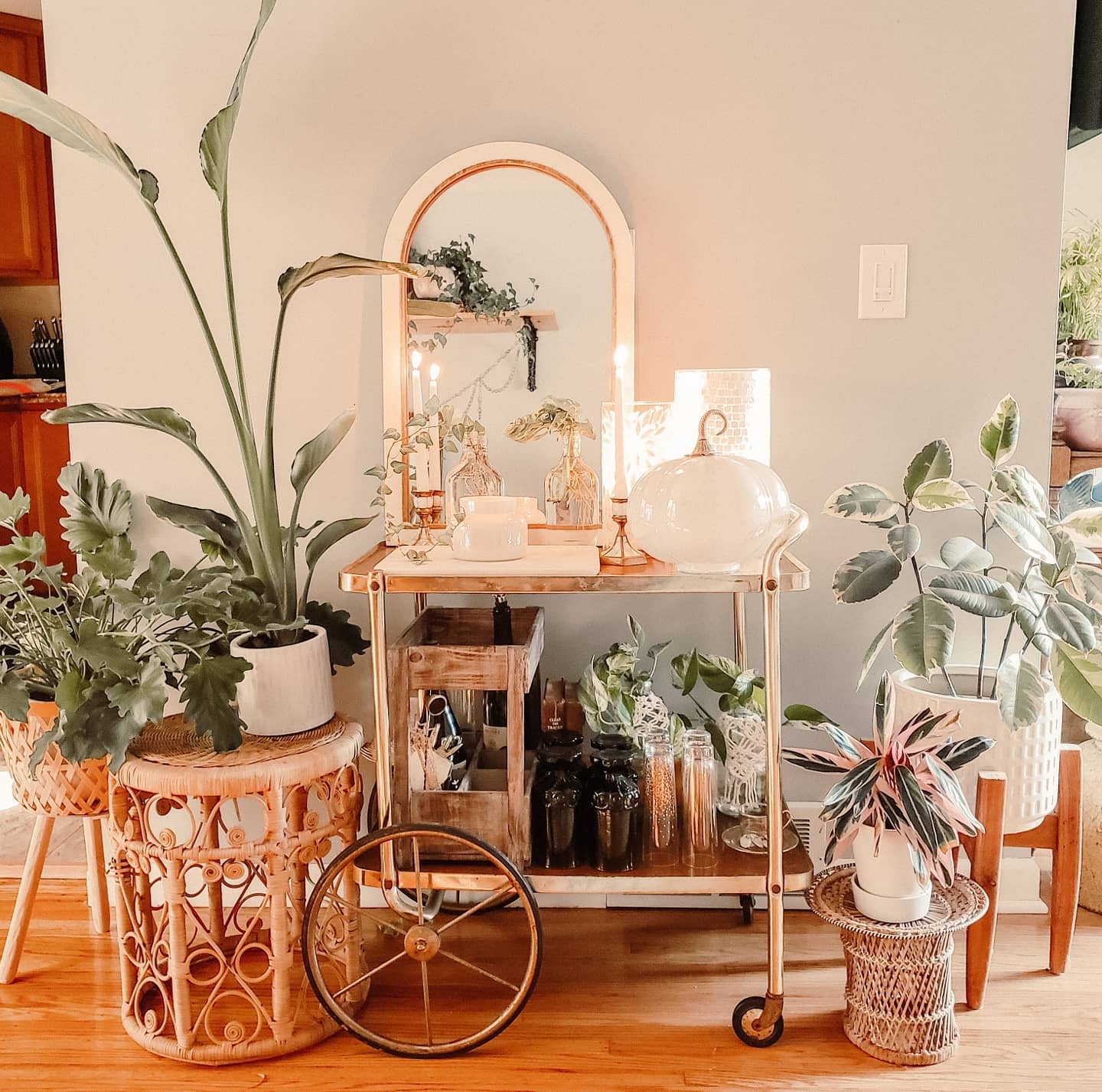 A stylish bar cart with plants, glassware, and a round mirror against a light gray wall, boho decor and natural light fill the room