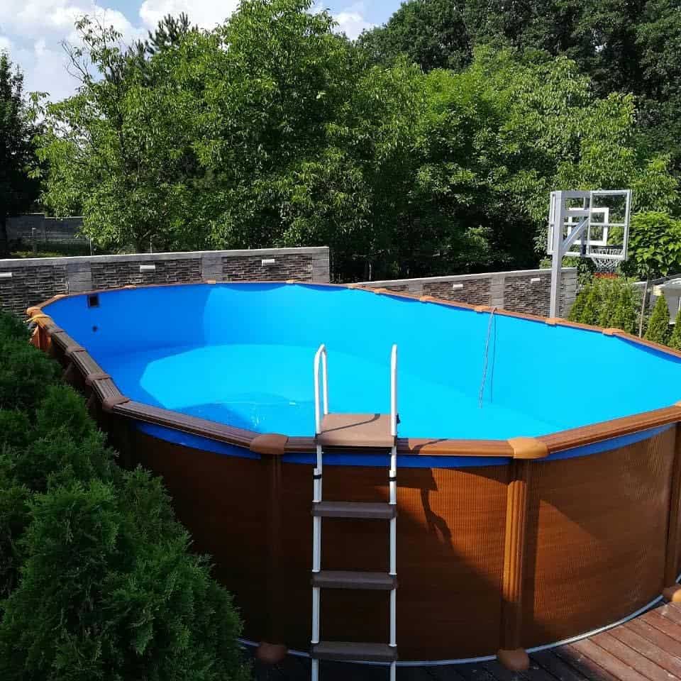 Oval above-ground pool with blue water, surrounded by greenery; ladder on one side, basketball hoop in the background; sunny day