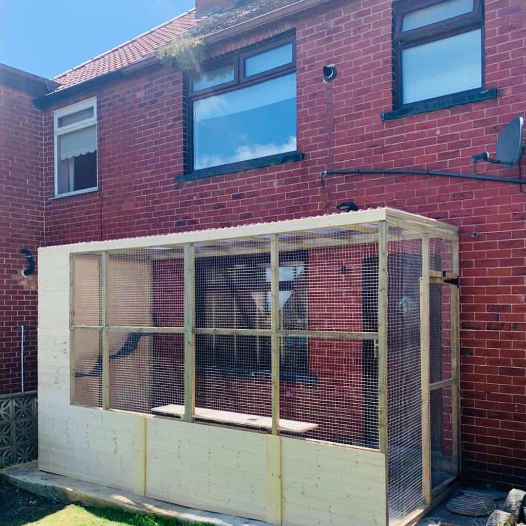 Spacious wooden catio attached to a brick house, featuring mesh walls, climbing shelves, and a secure outdoor play area for cats