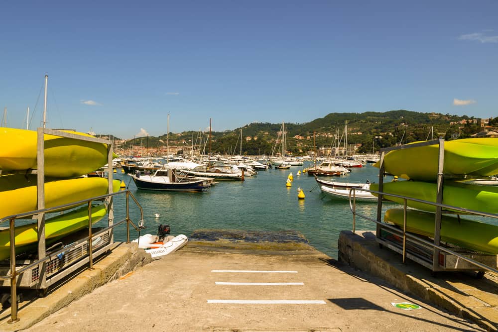 Kayak rack by the marina on sunny day