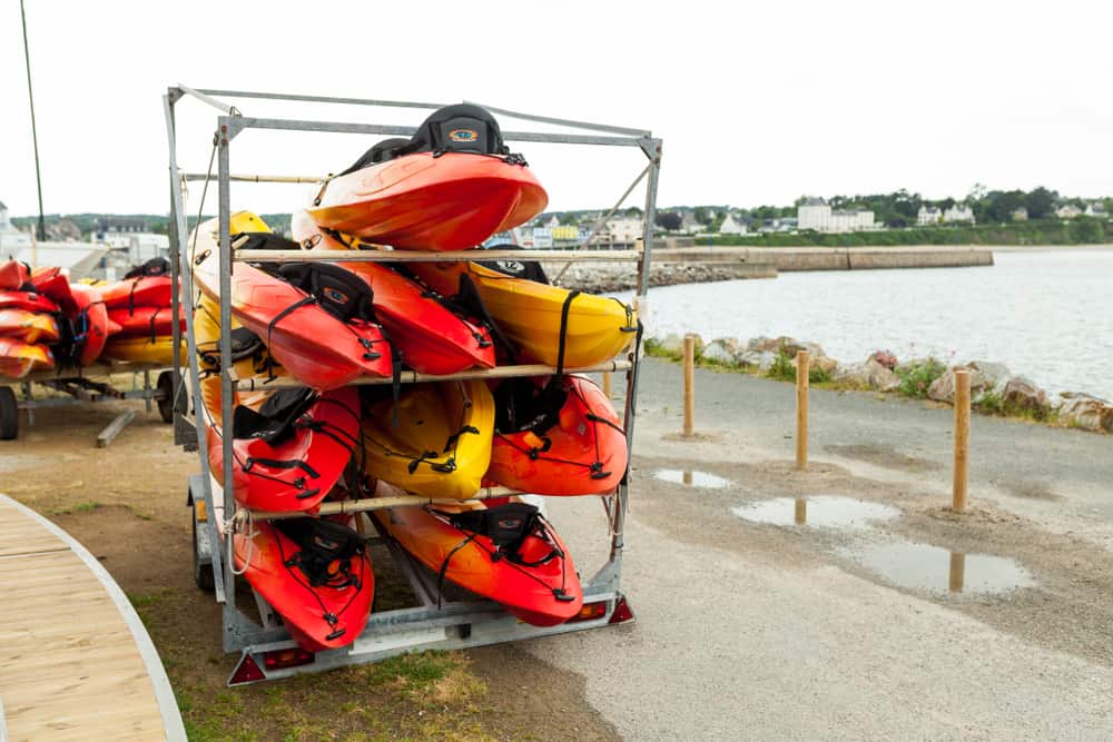 Kayak rack by cloudy seaside