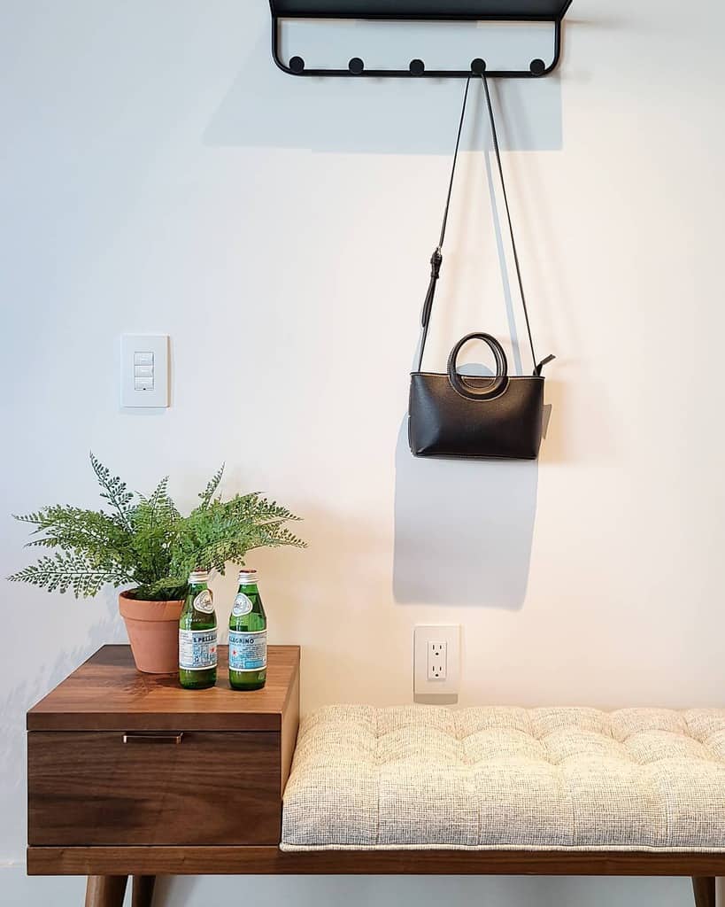 Modern entryway with a sleek wooden bench, tufted cushion, wall hooks, and minimalist decor for a clean and functional space