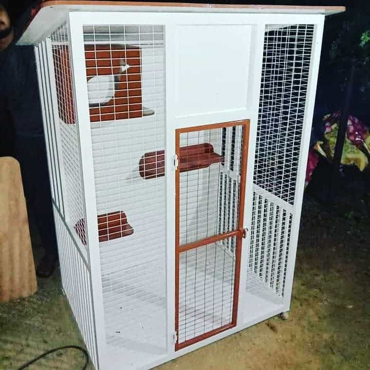 Compact white and brown catio with mesh walls, multiple shelves, and a cozy enclosed space for cats to climb and rest safely outdoors