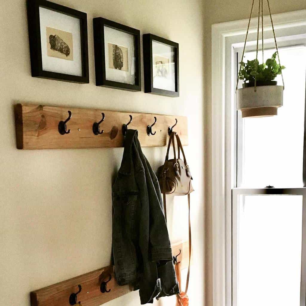 Rustic entryway with wooden coat racks, black metal hooks, framed artwork, and a hanging plant for a cozy, functional space