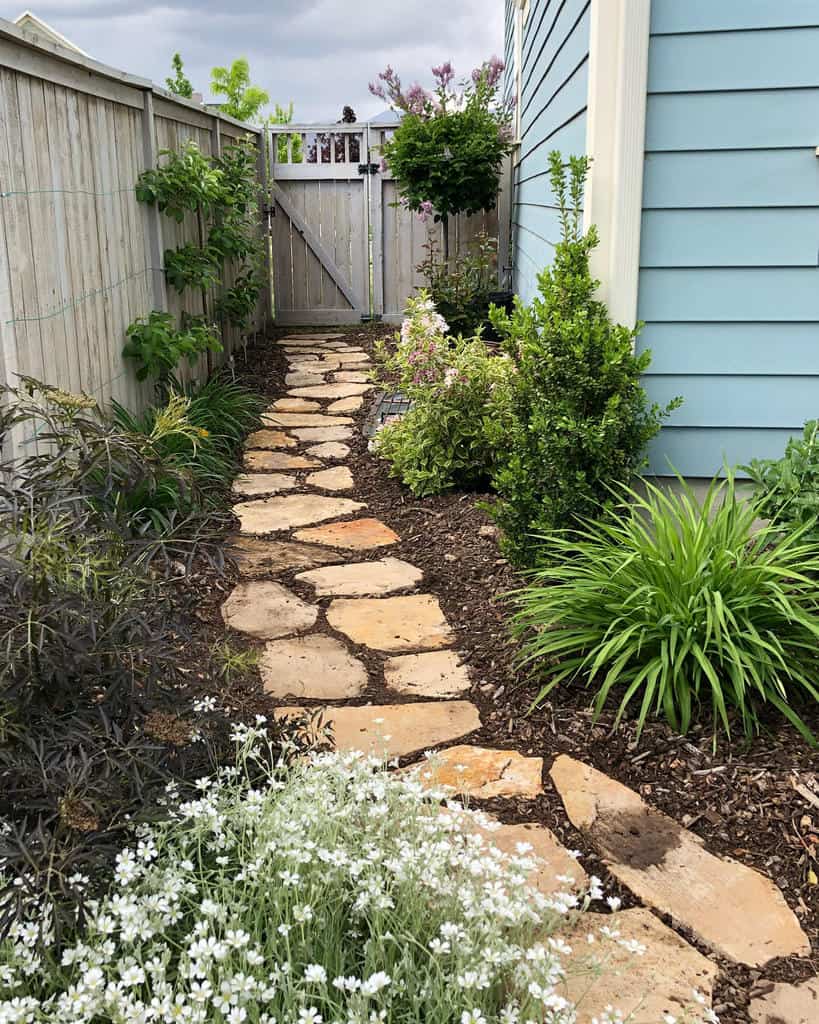 Stone path with plants on both sides, leading to a wooden gate, blue house wall on the right, wooden fence on the left