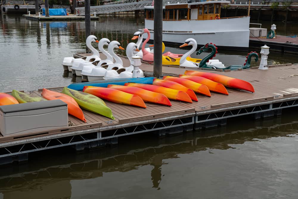 Kayaks and pedal boats on dock