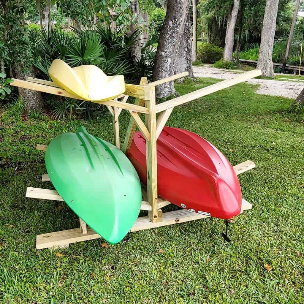 Kayaks on wooden rack