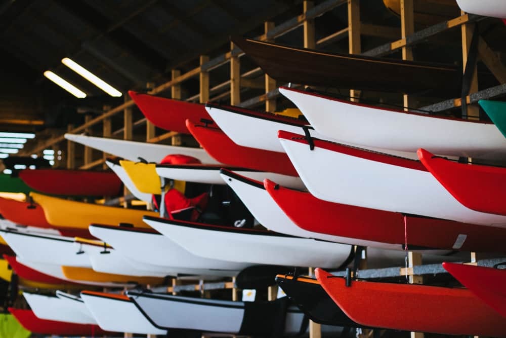 Kayaks stored on metal racks