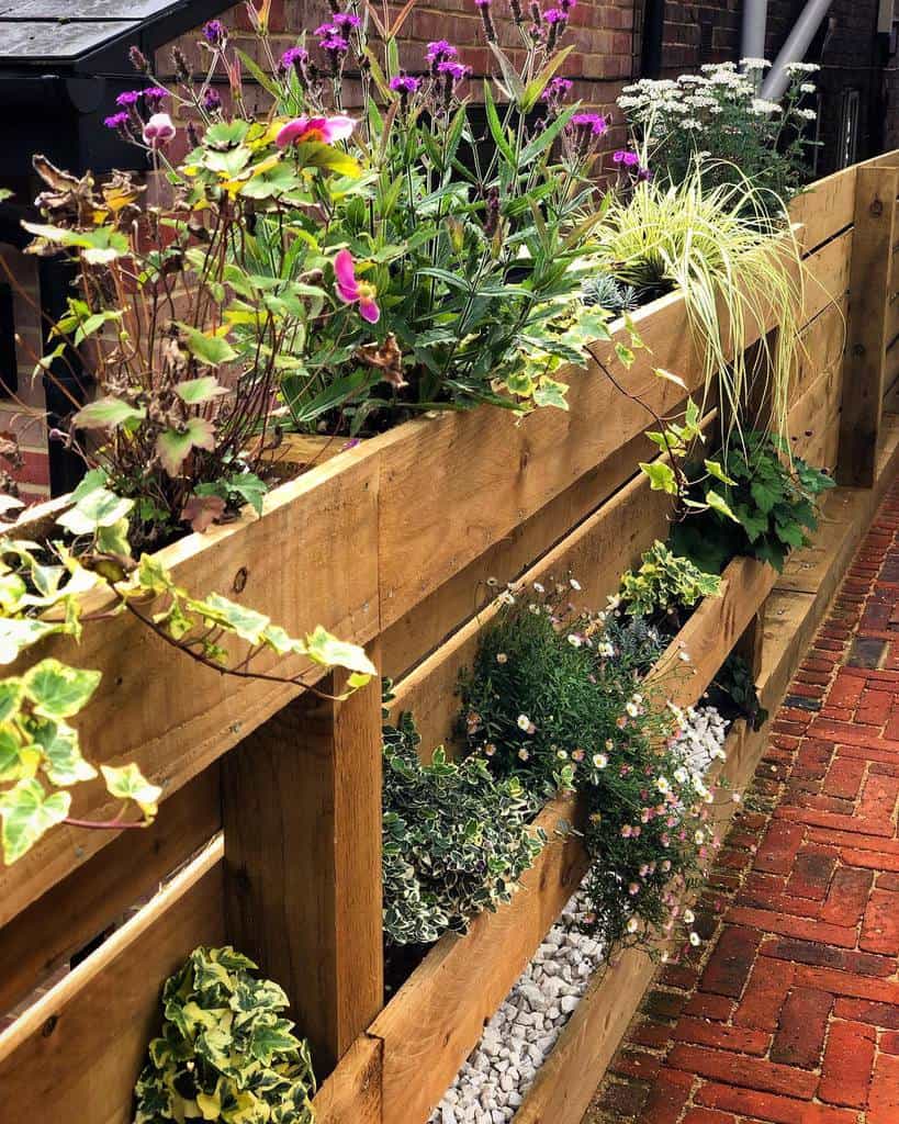 Wooden pallet fence repurposed as a vertical garden with lush greenery and vibrant flowers, adding charm to a brick-paved walkway