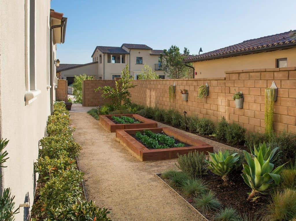 Side yard with raised garden beds, desert landscaping, a gravel pathway, wall-mounted planters, and lush greenery along a brick wall