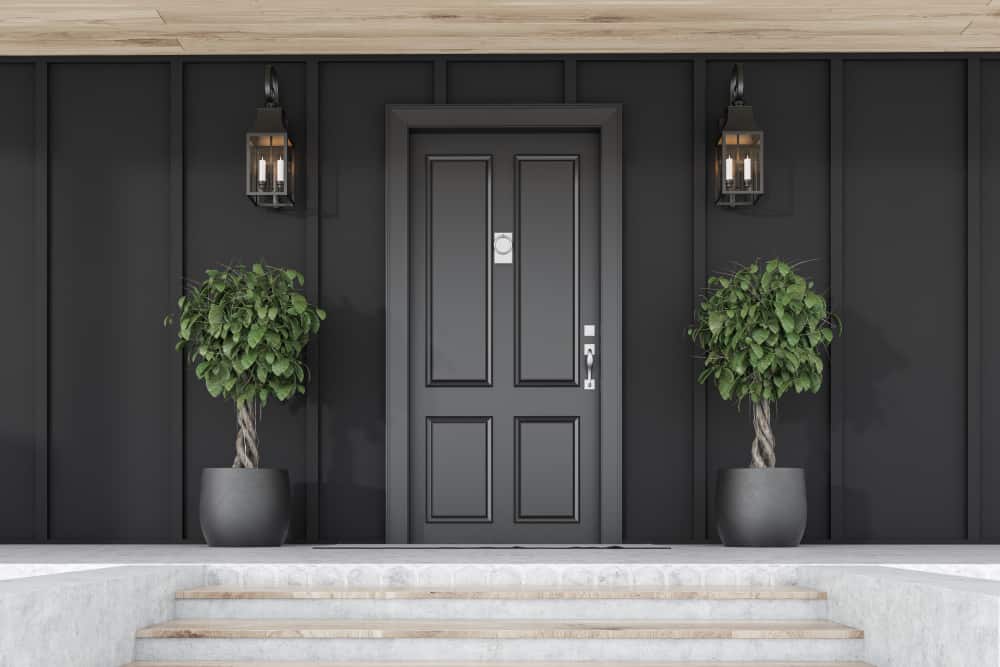 A modern black door flanked by two potted plants on a gray paneled wall with two black lanterns above