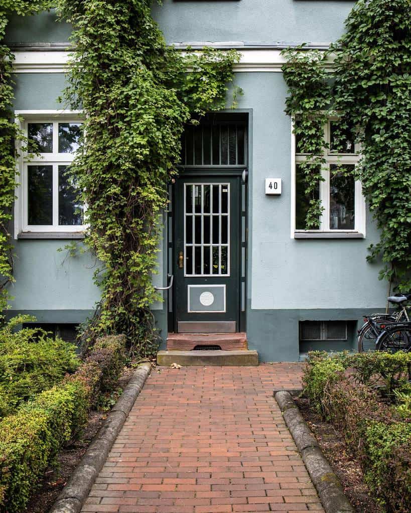 A teal house entrance with a black door, framed by ivy, flanked by windows