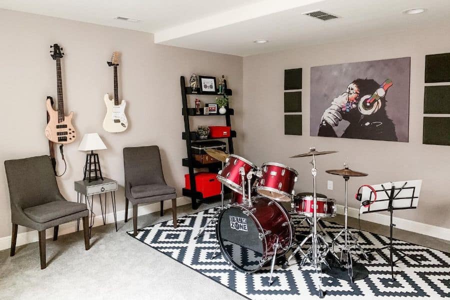 living room with instruments