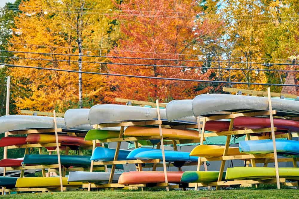 Kayak,Rack,On,Rangeley,Lake,At,Autumn,,Oquossoc,,Maine,,Usa.
