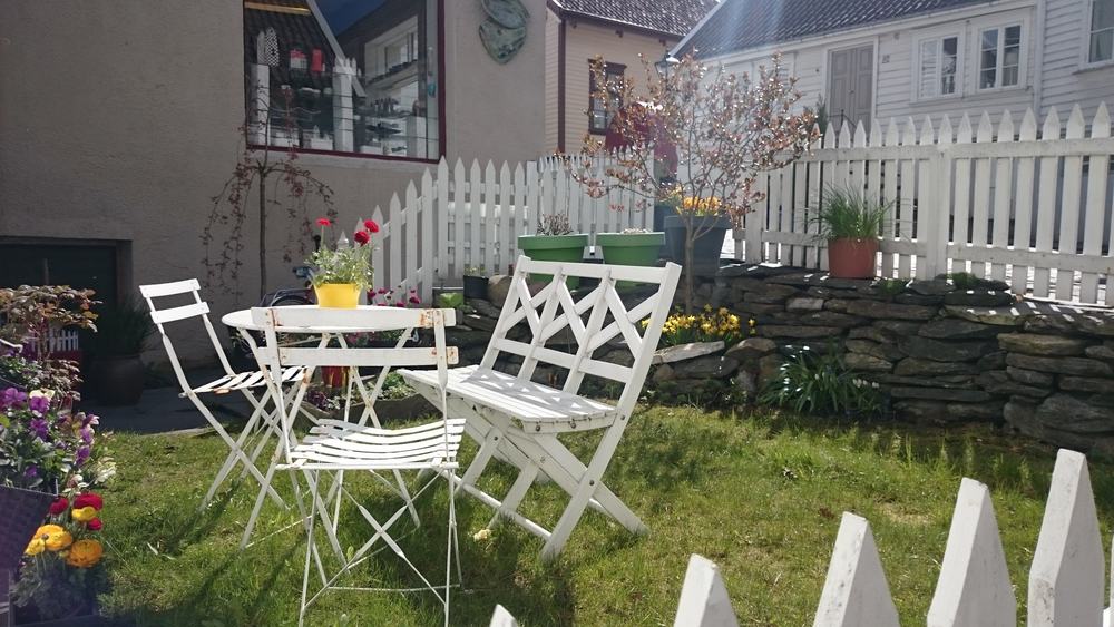 Sunny garden with white picket fence, white table and chairs, potted flowers, and small trees