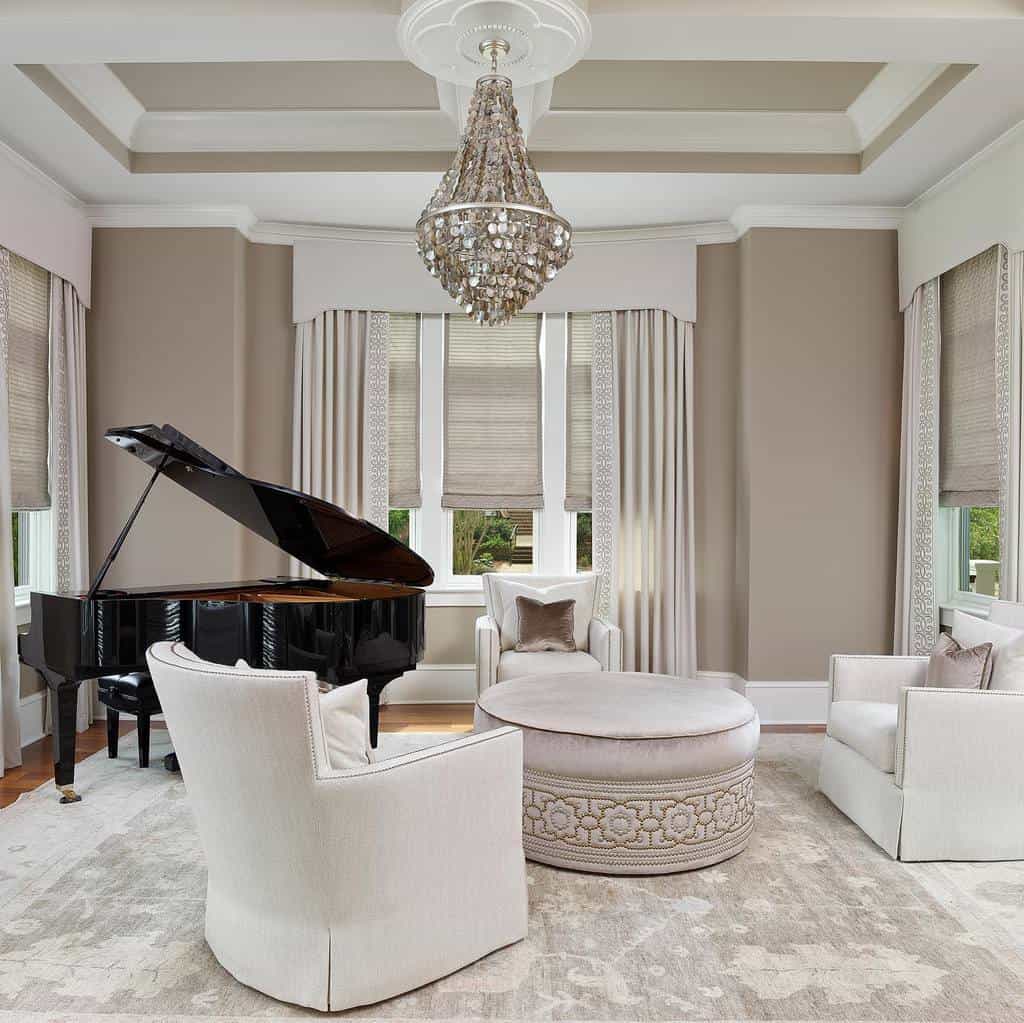 Elegant music room with a grand piano, luxurious chandelier, neutral-toned seating, and sophisticated drapery in a serene setting