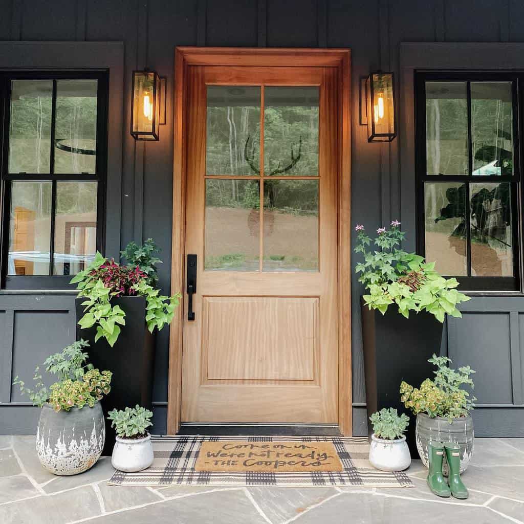 Rustic modern porch with a wooden door, black siding, stylish planters, and cozy lighting, creating a warm and inviting entryway