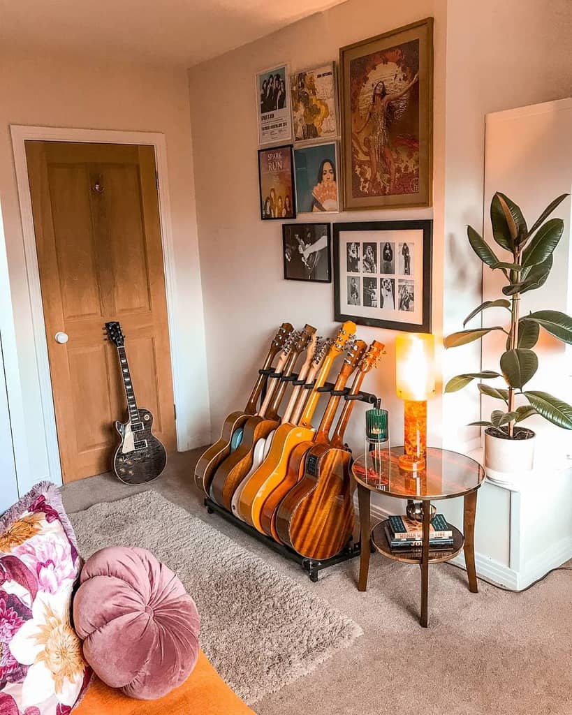 Cozy retro music room with a guitar collection, vintage posters, warm lighting, plush decor, and a stylish mid-century side table