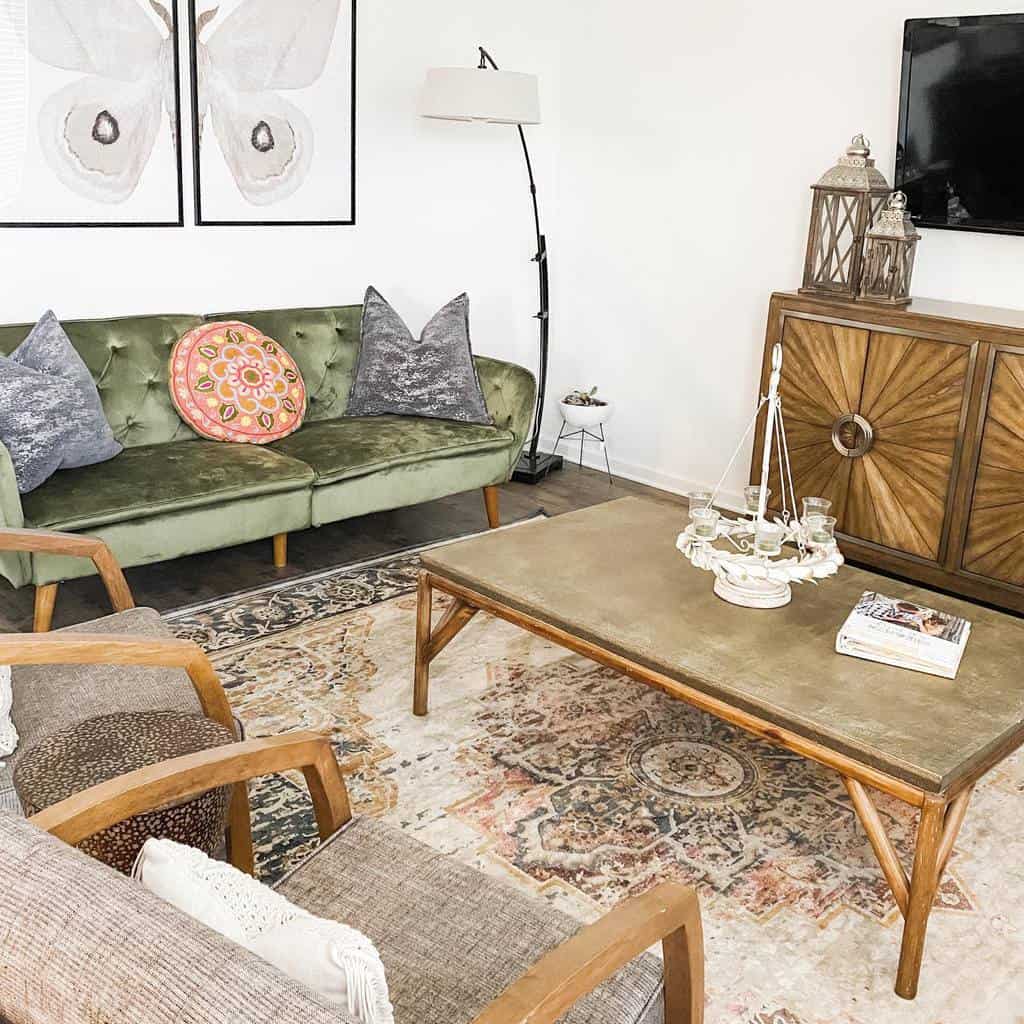 Rustic wooden coffee table with a textured top and sturdy legs, styled with books and a chandelier centerpiece, set in a cozy vintage-inspired living room