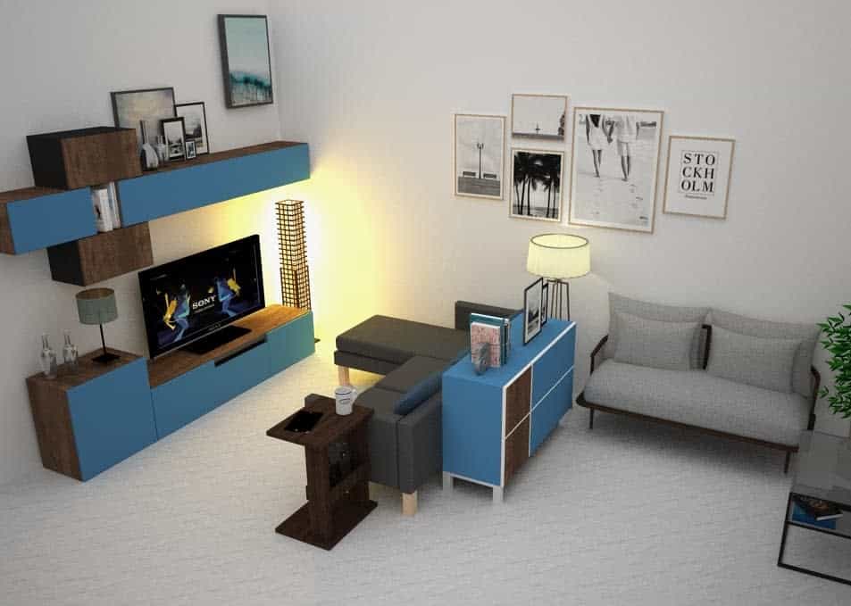 Modern living room with blue and wood furniture, wall art, TV, grey sofa, table lamp, and potted plant on white flooring.