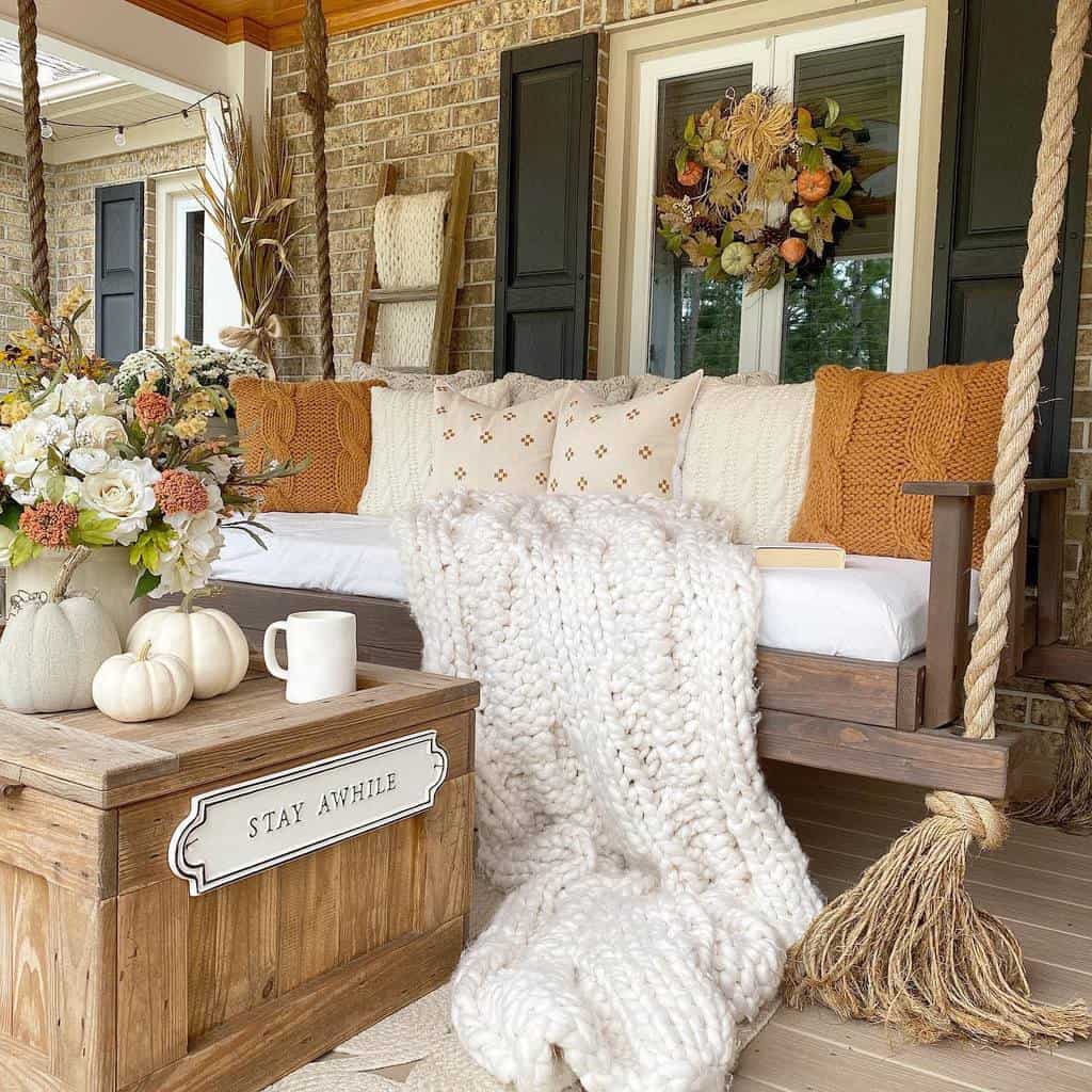 Front porch with a swing, cushions, a knitted blanket, autumn floral wreath, pumpkins, and a wooden table with a "Stay Awhile" sign