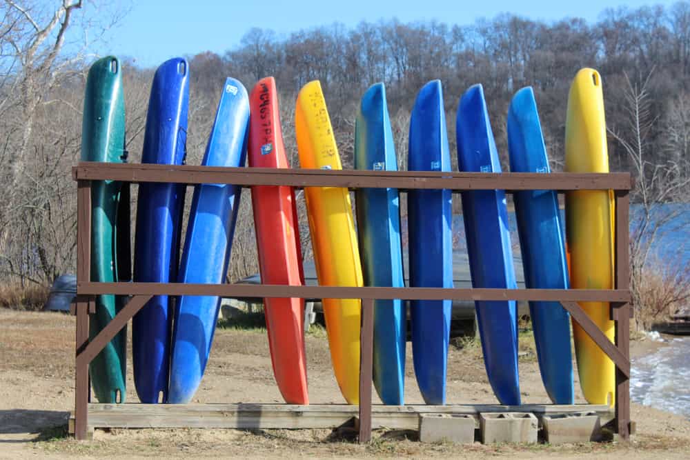 Vertical kayak storage by water's edge.