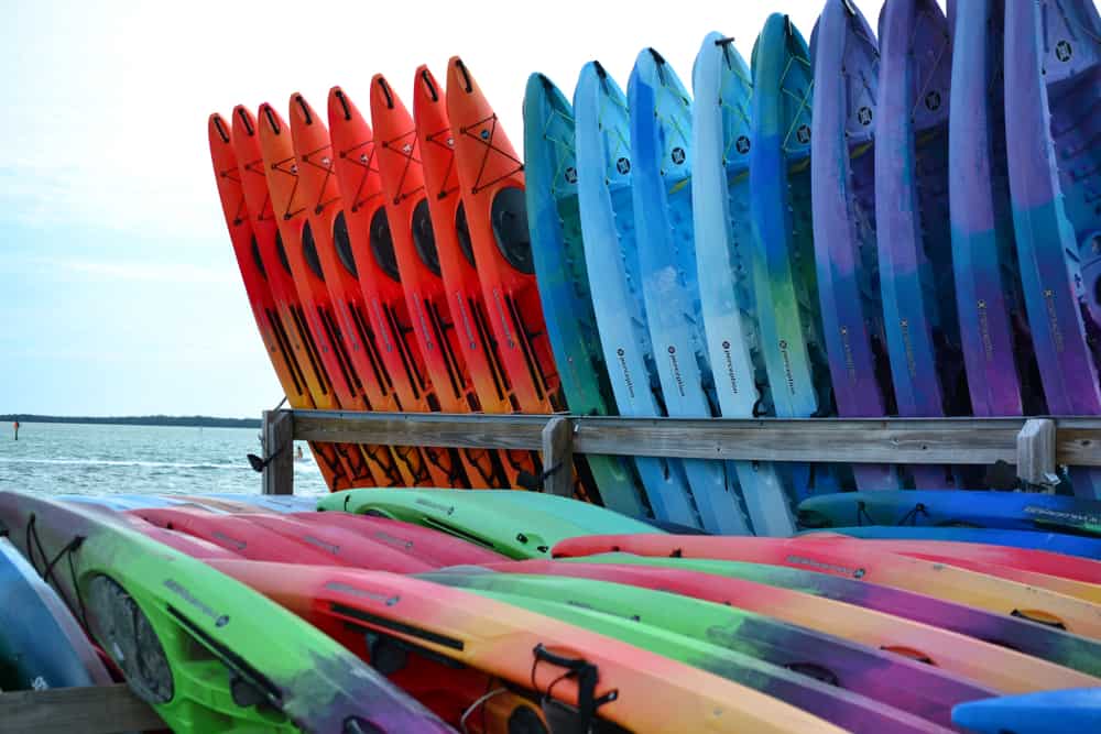 Vertical kayak storage by water's edge.