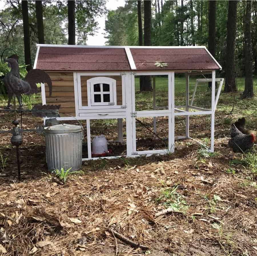 A wooden chicken coop with a red roof sits in a wooded area, and a metal rooster statue and trash can are nearby