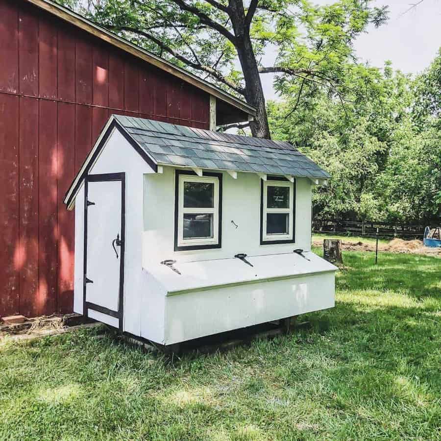 Small white chicken coop with black trim next to a red barn, situated on a grassy area with trees in the background