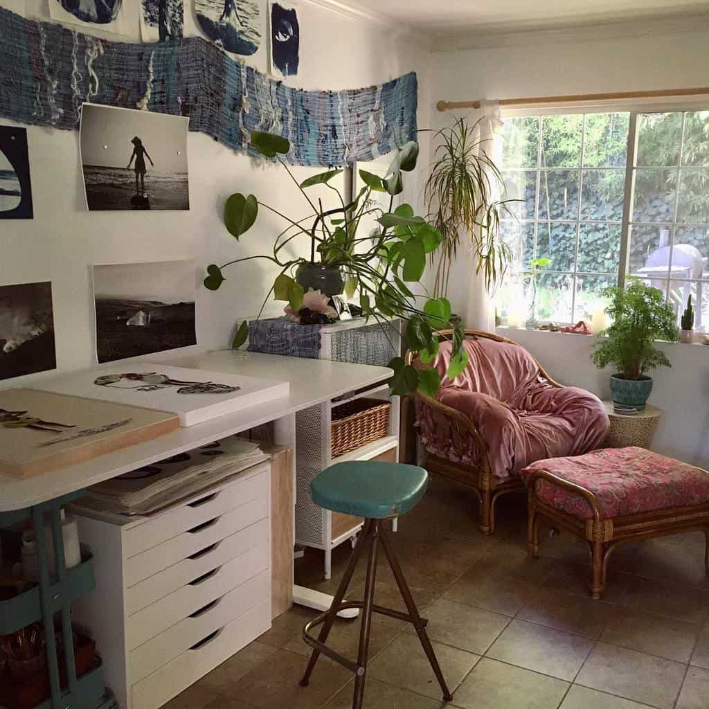 Art studio with potted plants