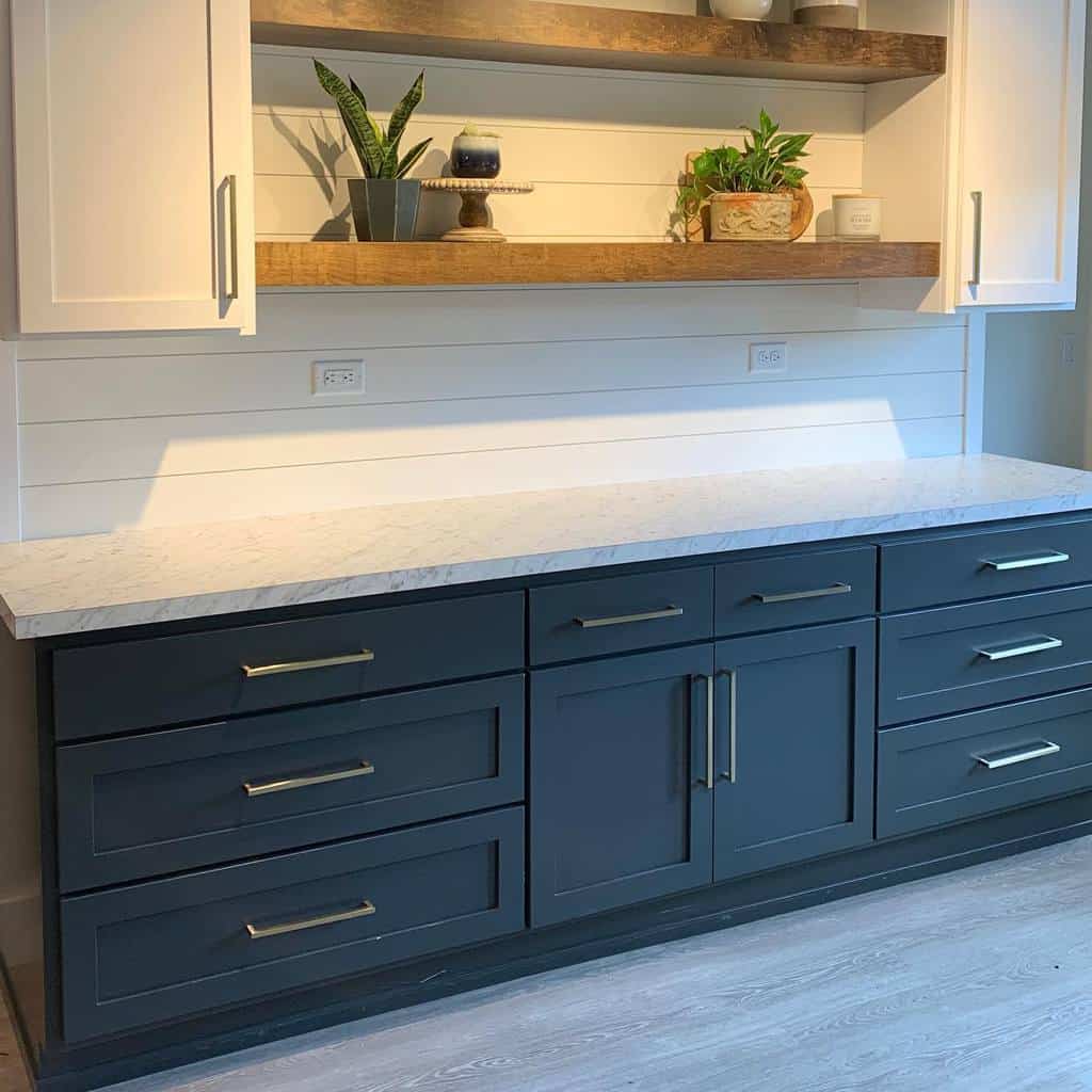 Kitchen with dark cabinets, white countertop, and open wooden shelves holding plants and decor against a white shiplap backsplash