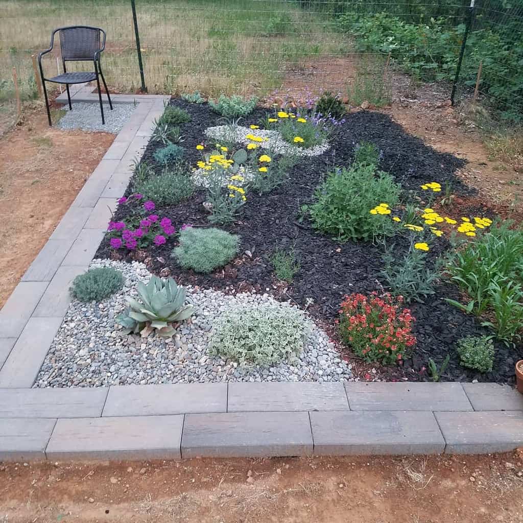 Modern xeriscape garden with drought-tolerant plants, gravel, and mulch, framed by stone pavers for a neat, water-efficient design