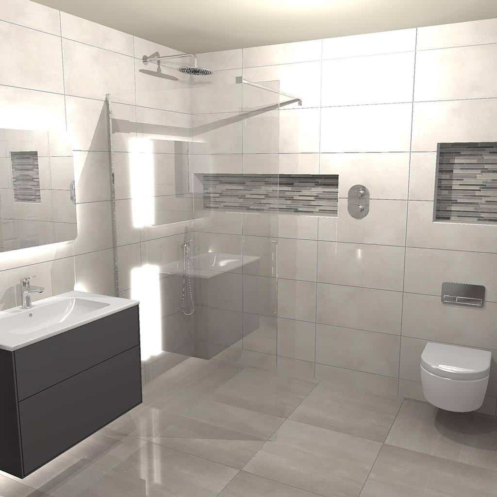 Modern wet room with a sleek wall-mounted sink, large mirror, walk-in shower with glass partition, and wall-mounted toilet on tiled walls